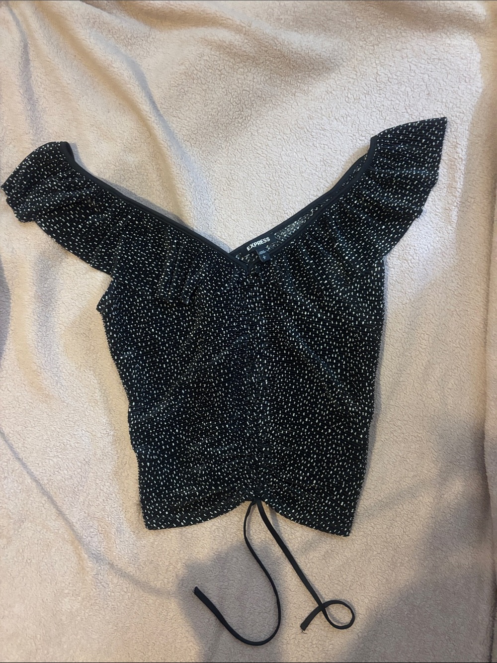 Express Black White Polka Dot Off-Shoulder Drawstring Crop Top